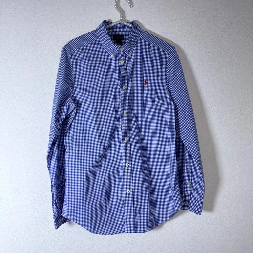 Ralph Lauren Button Down XL age 18-20 Blue White Gingham Cotton red Pony Logo